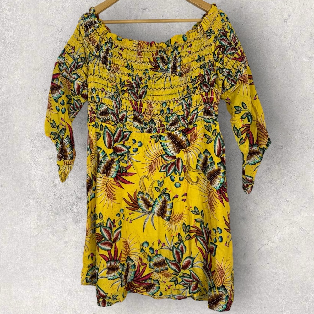 Anthropologie Farm Rio Yellow Floral Smocked Mini Dress Size Large Petite Boho L - Picture 5 of 16